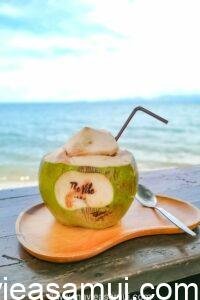 Noix de Coco fraîche au Café de Cool nomme également The Vibe et aussi Relax Samui dans le nord de l’île de Koh Samui a Ban Tai.