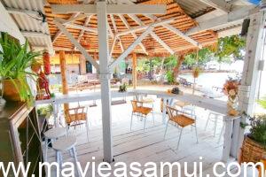 Terrasse au Café de Cool, Café déco, Plage de Ban Tai, Macramé en décoration sur la plage, Cocotier avec noix de coco sur la plage de Ban Thai, Plage de sable, Thai Food, Pad Thai sea Food, Cafe de Cool nomme egalement The Vibe et aussi Relax Samui dans le nord de l'ile de Koh Samui a Ban Tai.