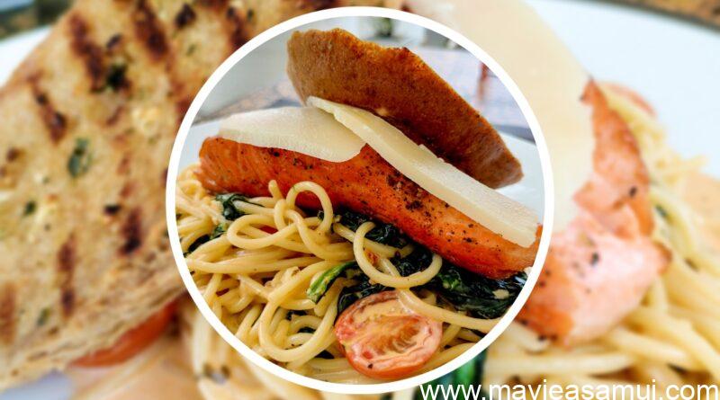 Pâtes crémeuses au saumon du restaurant The Table au Beluga Boutique Hotel sur Lamai Beach, Koh Samui, Thaïlande.