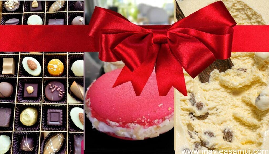 Desserts de Noel Rossini a Koh Samui avec des glaces de Noel, des macarons glaces et des boites de chocolats belges.
