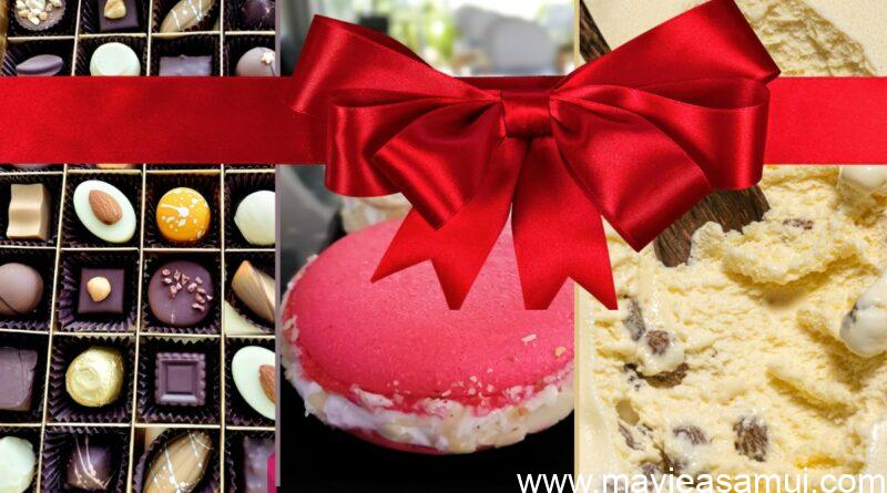 Desserts de Noel Rossini a Koh Samui avec des glaces de Noel, des macarons glaces et des boites de chocolats belges.