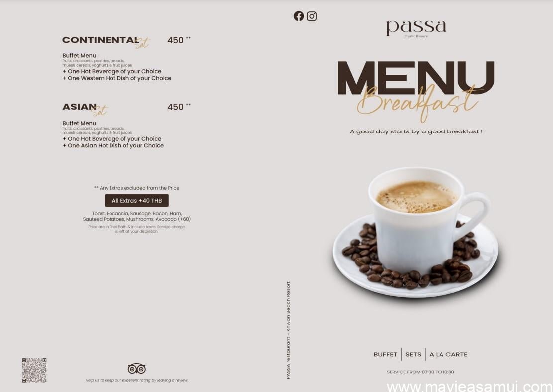 Carte du petit-dejeuner au restaurant Passa dans le Khwan Beach Resort a maenam, Koh Samui, Thailande.