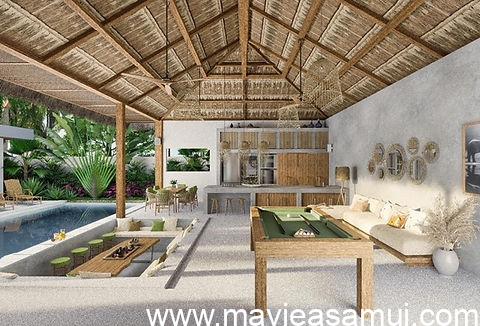 Vue du sala ouvert. Projet 10 villas, 3 chambres avec piscines, sur la plage de sable, clé en main a 309000 euros sur Koh Samui, Immobilier Thaïlande par SLP agence immobilière.