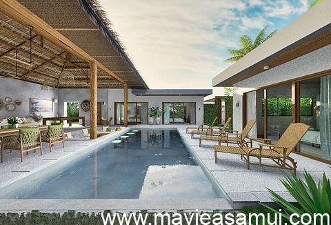 Vue d'une piscine de villa. Projet 10 villas, 3 chambres avec piscines, sur la plage de sable, clé en main a 309000 euros sur Koh Samui, Immobilier Thaïlande par SLP agence immobilière.