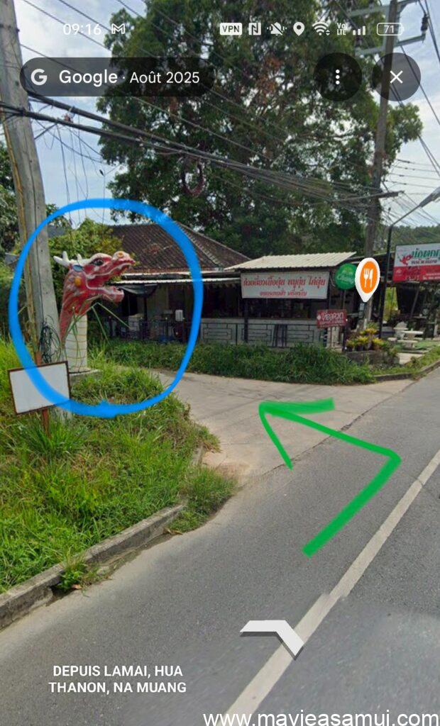 La tête de dragon au croisement de la main road et de la petite route qui amène à la boutique Depeche Mode et à la Rhumerie de Samui à Na Muang.